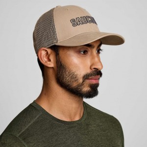 Beige Men's Saucony Adjustable Snap Back Trucker Hats | AUS-QNRFV