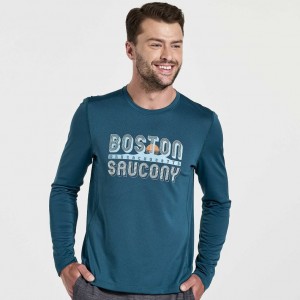 Blue Men's Saucony Stopwatch Graphic Long Sleeve T-Shirt | AUS-CUHEQ