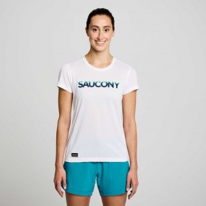 White Women's Saucony Stopwatch Graphic Short Sleeve T-Shirt | AUSTRALIA-EKRGT