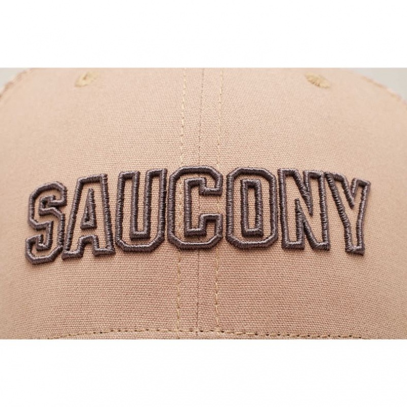 Beige Men's Saucony Adjustable Snap Back Trucker Hats | AUS-QNRFV