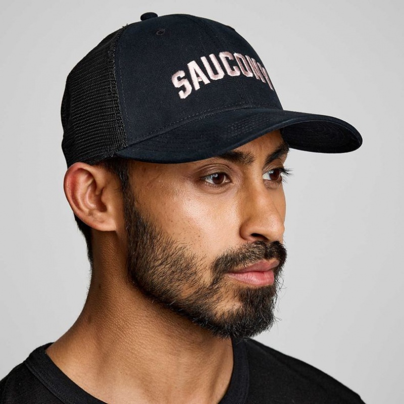 Black Men\'s Saucony Adjustable Snap Back Trucker Hats | AUS-PMILT