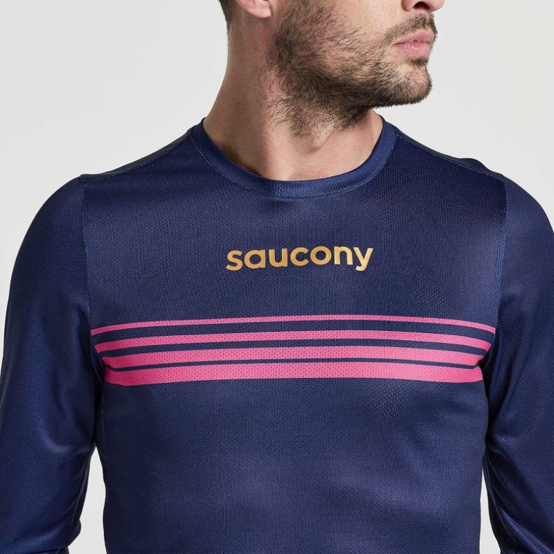 Navy Men's Saucony Elite Long Sleeve T-Shirt | AUS-GXEJO