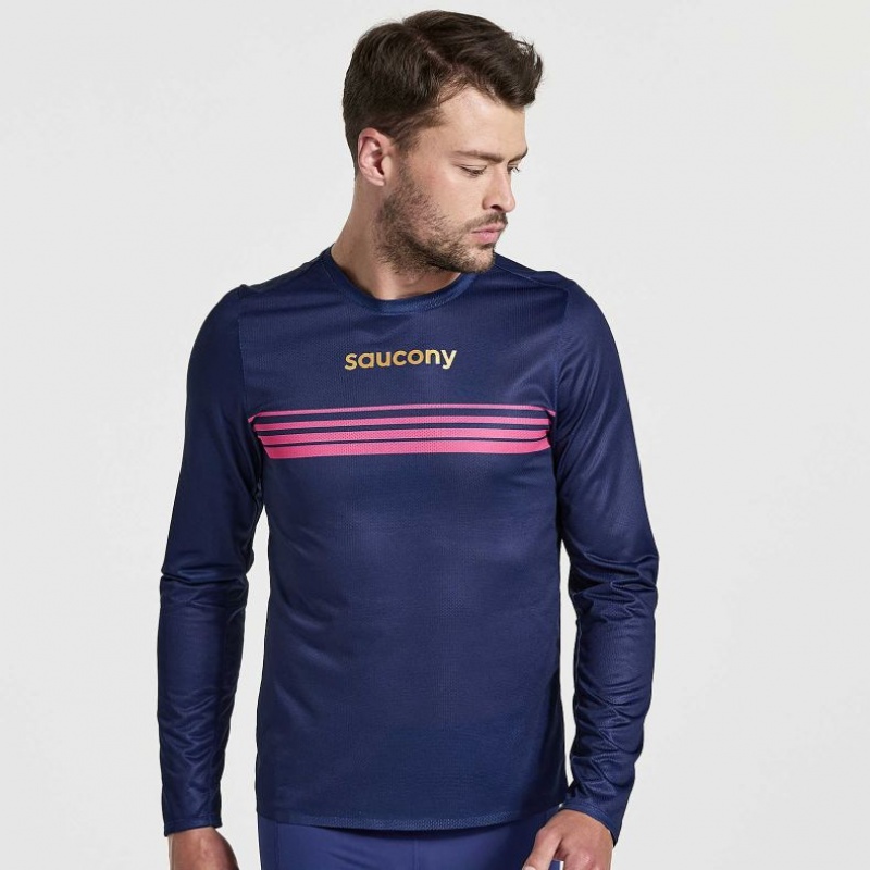 Navy Men\'s Saucony Elite Long Sleeve T-Shirt | AUS-GXEJO