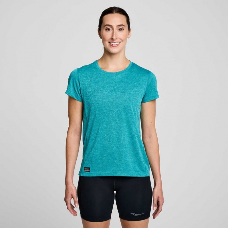 Turquoise Women\'s Saucony Stopwatch Short Sleeve T-Shirt | AUS-XRHGF