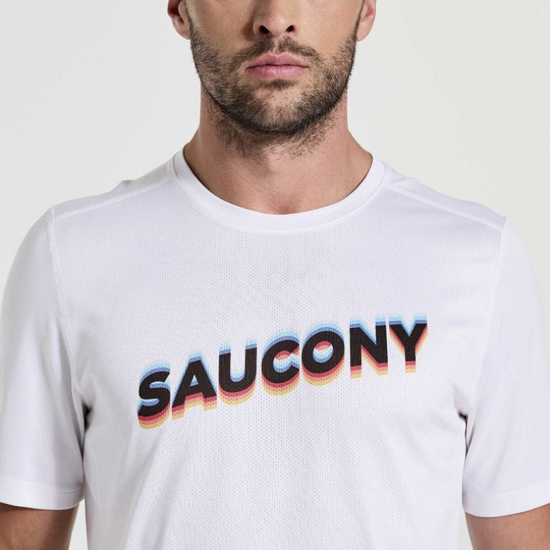 White Men's Saucony Stopwatch Graphic Short Sleeve T-Shirt | AUS-JAXGN